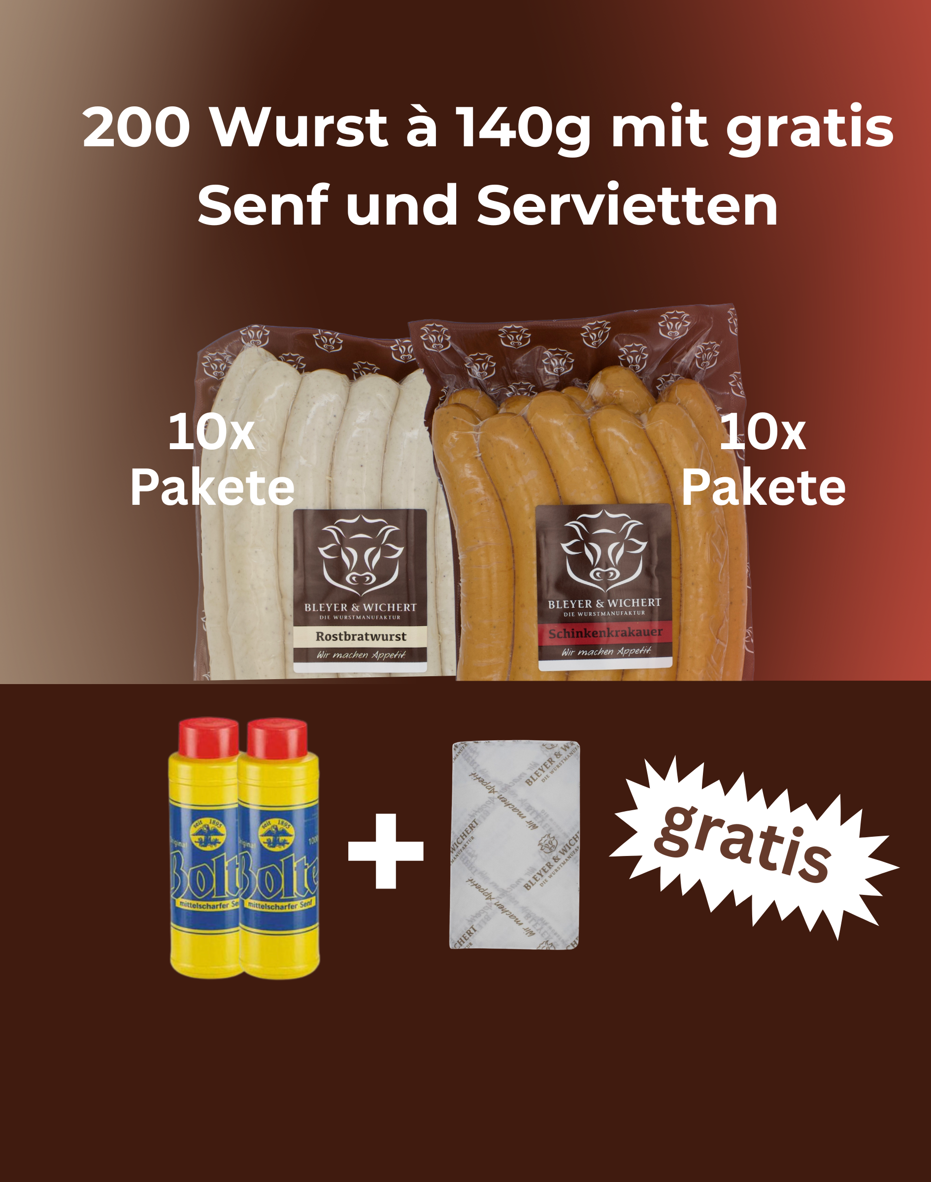 Aktionspaket: 200 Wurst à 140g mit gratis Senf und Servietten Aktionspaket: 200 Wurst à 140g mit gratis Senf und Servietten