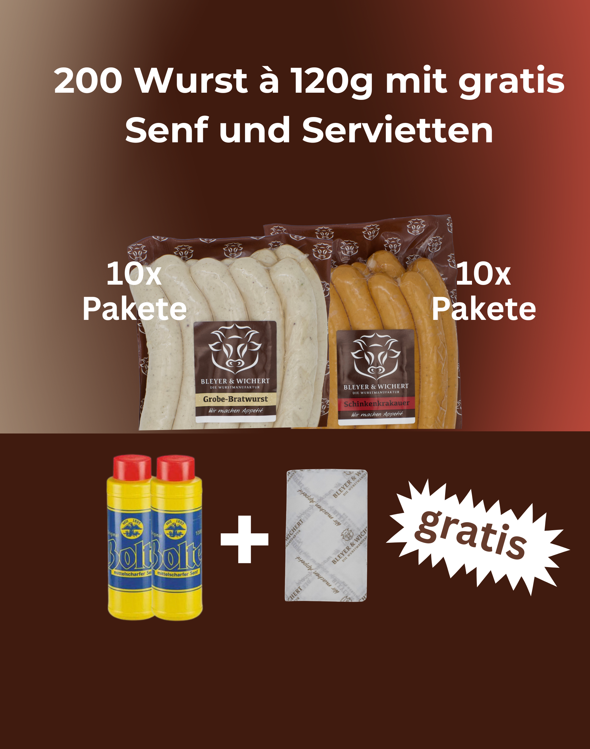 Aktionspaket: 200 Wurst à 120g mit gratis Senf und Servietten Aktionspaket: 200 Wurst à 120g mit gratis Senf und Servietten