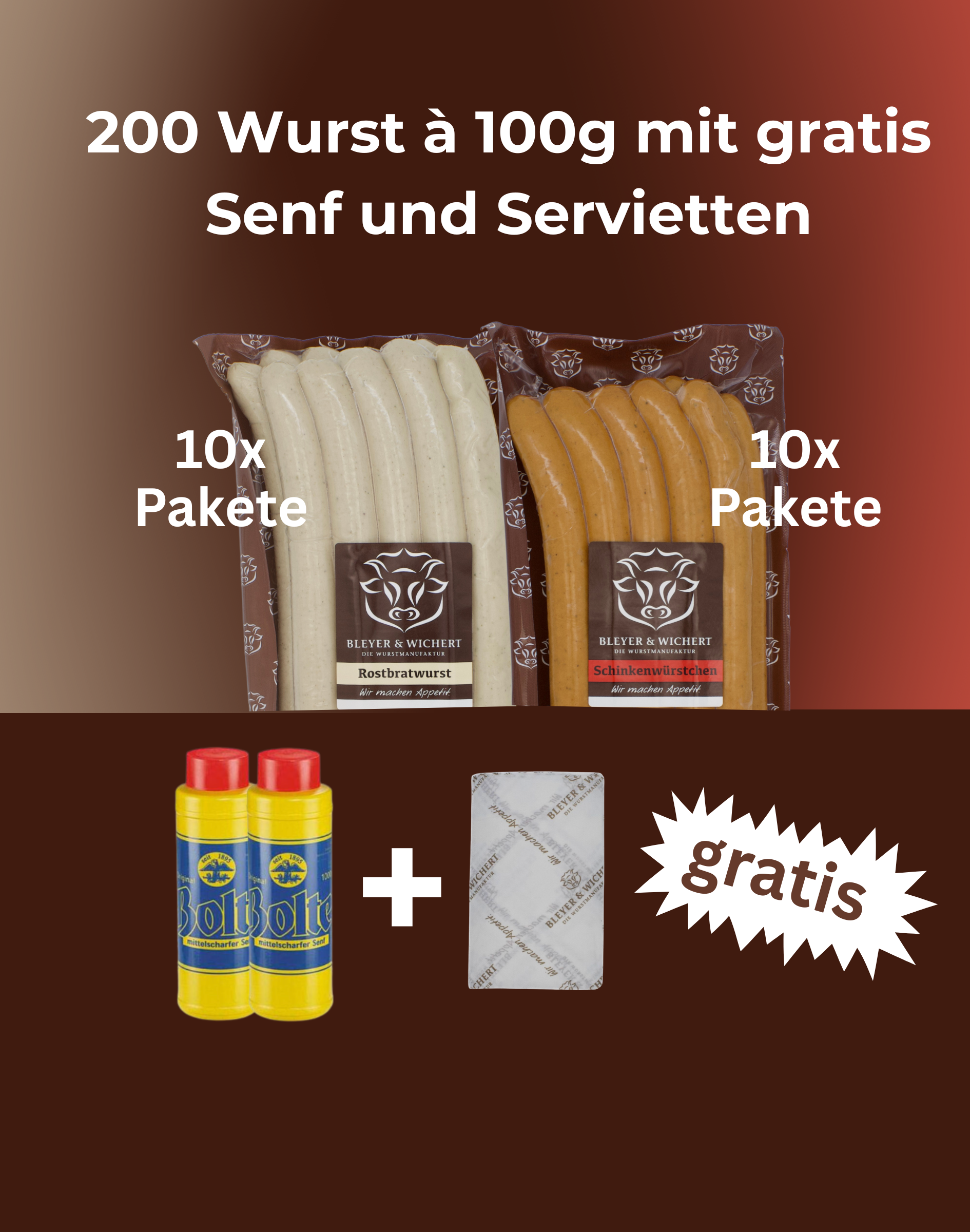 Aktionspaket: 200 Wurst à 100g mit gratis Senf und Servietten Aktionspaket: 200 Wurst à 100g mit gratis Senf und Servietten